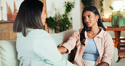 Buy stock photo Support, advice and friends with women on sofa for bonding, gossip and social reunion. Discussion, talking and listening with people in living room at home for chat, news and connection together 