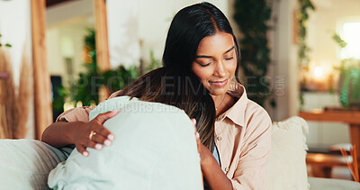 Buy stock photo Women, friends and hug with support for comfort, love or trust from grief, loss or breakup in living room. People, sad news and embrace for emotional trauma, empathy or tough time care in home lounge