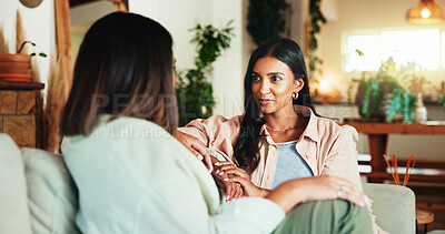 Buy stock photo Happy, talking and friends with women on sofa for bonding, gossip and social reunion. Discussion, advice and listening with people in living room at home for chat, news and connection together 