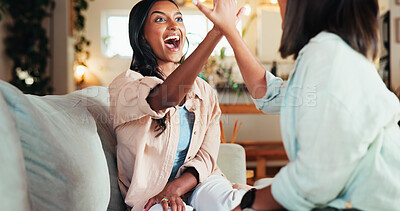 Buy stock photo Friends, high five and women support in home, funny conversation and laughing for joke. People, celebration and bonding together with comedy gossip in living room, humor and connect with story chat