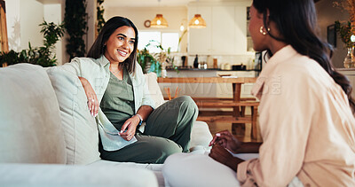 Buy stock photo Gossip, talking and friends with women on sofa for bonding, relax and social reunion. Discussion, advice and listening with people in living room at home for chat, news and connection together 