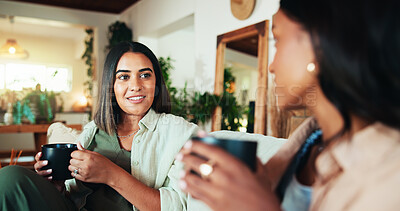 Buy stock photo Advice, coffee and friends with women on sofa for bonding, relax and social reunion. Discussion, caffeine and drink with people talking in living room at home for chat, news and connection together