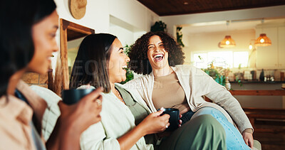 Buy stock photo Happy, coffee and laughing with friends on sofa for bonding, relax and social reunion. Comic, caffeine and drink with people talking in living room at home for chat, news and connection together
