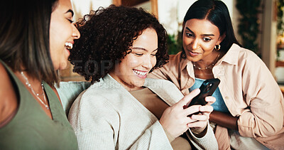 Buy stock photo Women, friends and phone with gossip for online dating, social media or joke with meme in living room. Happy people, support and smile for bonding, blog post and memories in home lounge for reunion