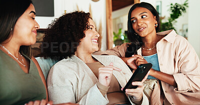 Buy stock photo Women, friends and smartphone with smile for online dating, social media or joke with meme in living room. Happy people, support and gossip for bonding, blog post and memories for home lounge reunion