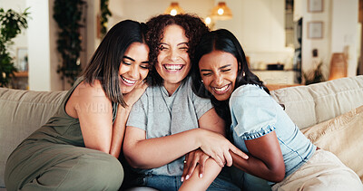 Buy stock photo Women, friends and hug with smile on sofa for gossip, social bonding or together at home. Female people, group and embrace with love for friendship, friendly advice or chatting on couch at house