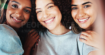 Buy stock photo Portrait, women and friends with selfie, reunion or support for social media or profile picture. Smile, happy people or influencers with wellness and bonding for fun memory, photograph or app post