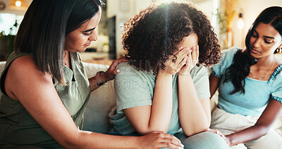 Buy stock photo People, woman crying and support with breakup in home, relationship drama and share emotion. Love, friends compassion and empathy in living room, listening and together for help with broken heart