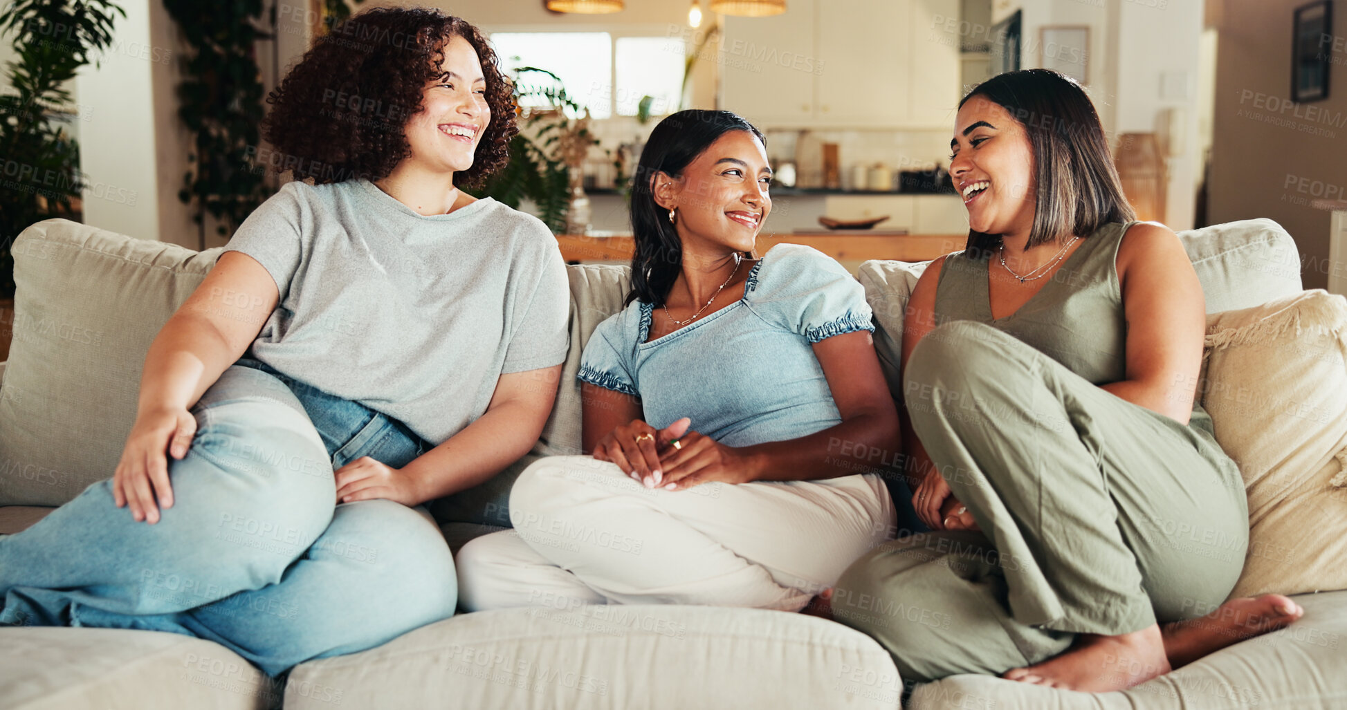 Buy stock photo Woman, friends and relax with sofa, living room and smile for happy excitement. People, reunion and bonding with gossip, conversation or discussion for advice on couch with joke or communication