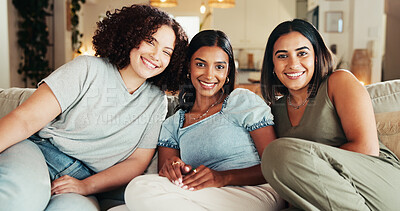 Buy stock photo Women, hanging out and friends portrait in home, university students and dorm lounge for bonding. Love, happy and support relationship in living room, trust and people studying together at college