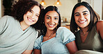 Women, chilling and friends portrait in home, university students and dorm lounge for bonding. Love, hanging out and support relationship in living room, trust and people studying together at college