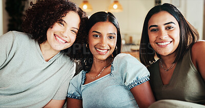 Buy stock photo Women, chilling and friends portrait in home, university students and dorm lounge for bonding. Love, hanging out and support relationship in living room, social reunion and people together at college