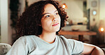 Daydreaming, calm and woman in living room, home and relax on break, comfortable and peace in apartment. Reflection, lounge and person on weekend in house, thoughtful and nostalgia for girl on couch