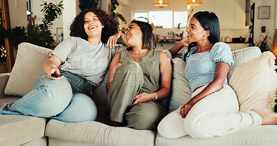 Buy stock photo Woman, friends and laugh with television remote, living room and smile for movies. People, reunion and bonding with entertainment, conversation or discussion for communication on couch with joke