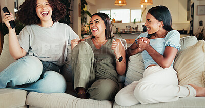 Buy stock photo Woman, friends and laugh with tv, comedy special and living room for smile and movies. People, reunion and bonding with entertainment, conversation or discussion for communication on couch with joke