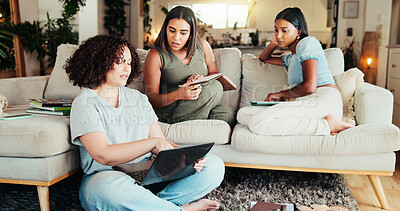 Buy stock photo Women, study group and laptop in living room for learning, project collaboration and research. Students, tech and ideas in lounge for teamwork, planning and higher education discussion for girls