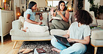 Women, hanging out and gossip conversation in home, university drama and share secret story. Love, friends talking and support emotion in living room, listen and people studying together for college