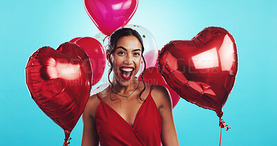 Buy stock photo Portrait, studio and woman with balloons, surprise and gift for date on valentines day or mockup space. Blue background, happy and person with smile for anniversary, romance or heart present for love