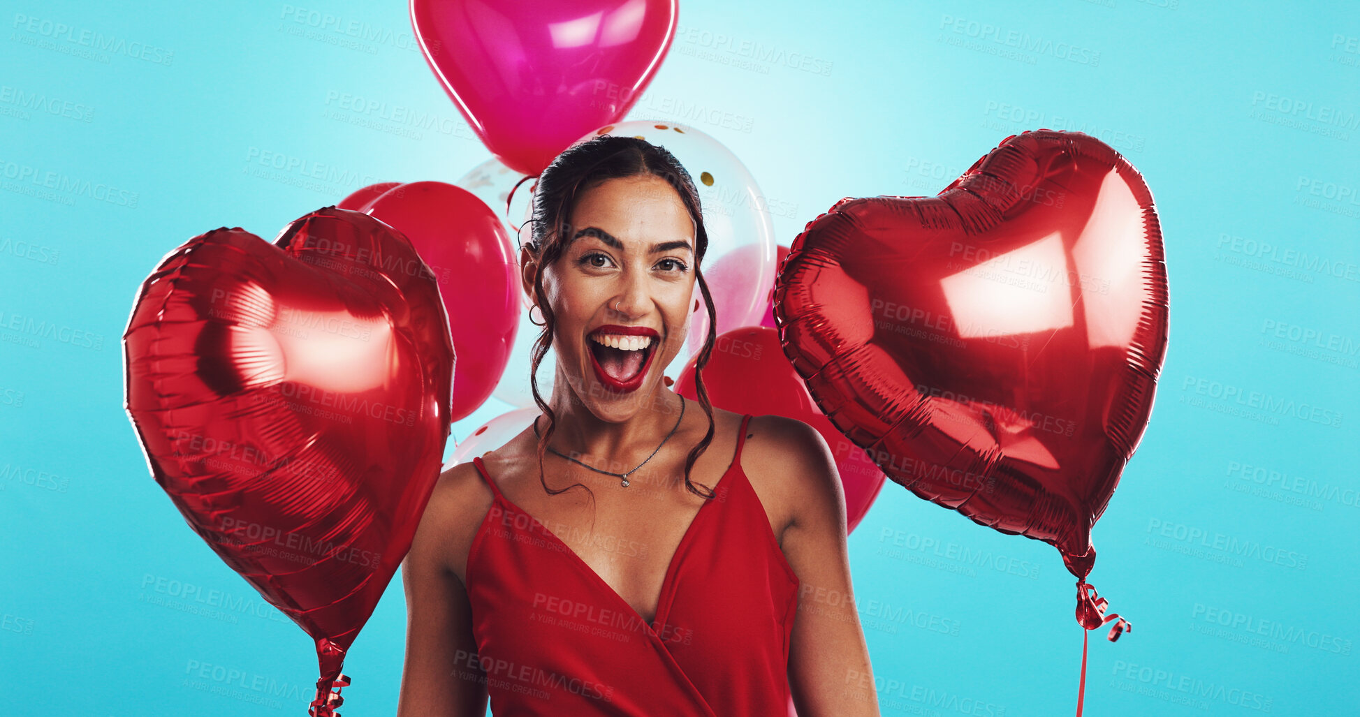 Buy stock photo Portrait, studio and woman with balloons, surprise and gift for date on valentines day or mockup space. Blue background, happy and person with smile for anniversary, romance or heart present for love