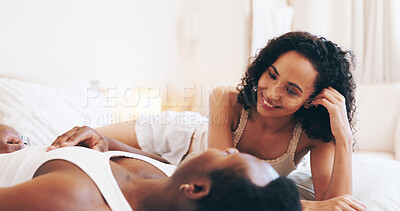 Buy stock photo Happy, love and couple in bedroom in conversation for relaxing, resting and bonding in hotel room. Marriage, relationship and man with woman on bed for affection, commitment and valentines day