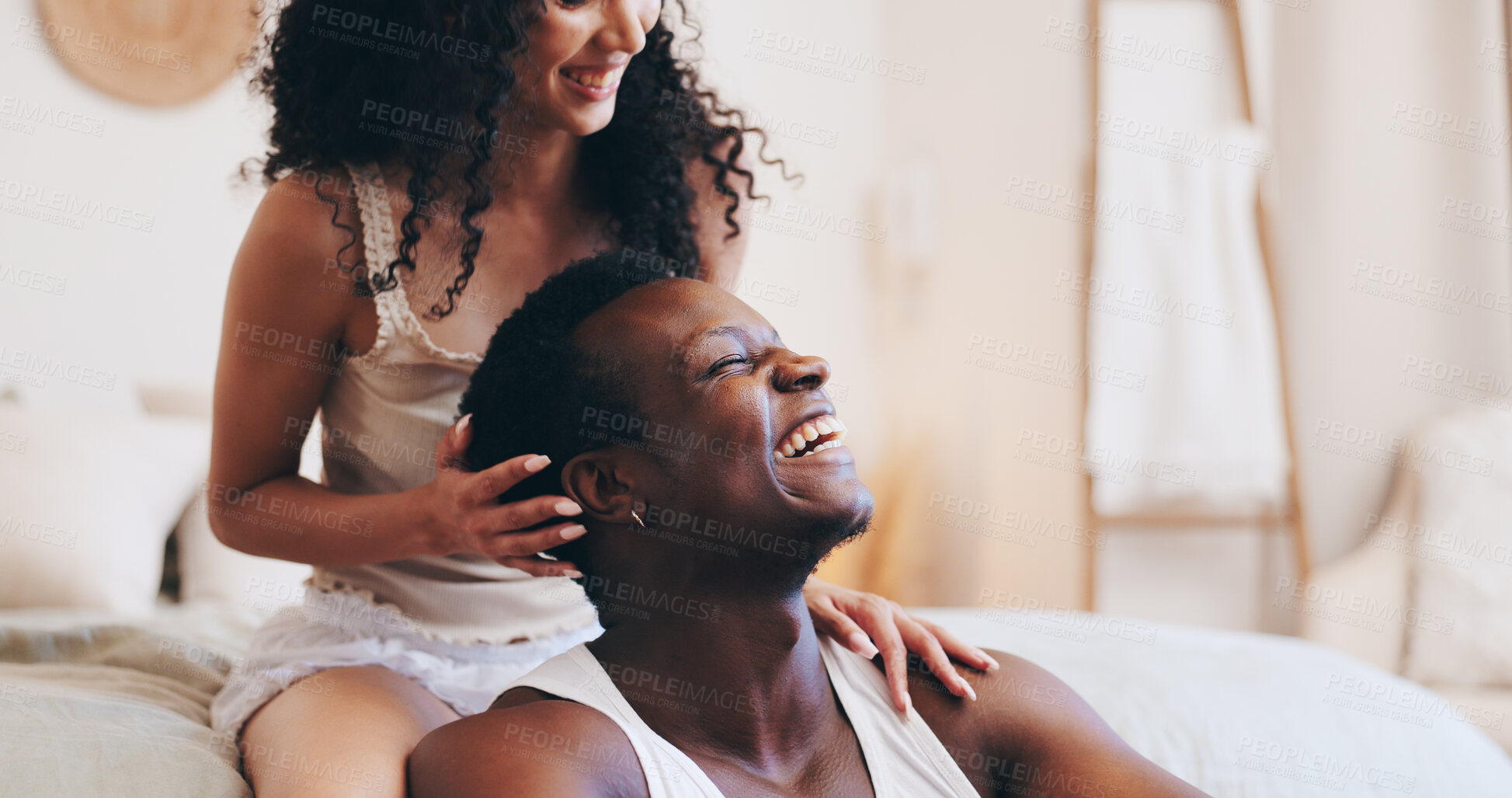 Buy stock photo Relax, morning or couple on bed for laughing, resting or bonding in hotel or home on anniversary. Funny joke, happy or man with woman in bedroom for relationship, commitment or love on valentines day