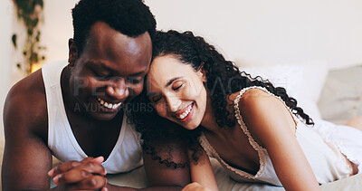 Buy stock photo Happy, love and couple on bed laugh for relaxing, resting and bonding in hotel room. Marriage, relationship and black man and woman in bedroom for affection, commitment and talking on valentines day