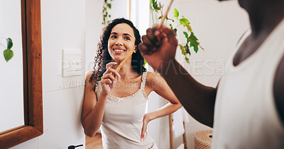Buy stock photo Bathroom, brushing teeth and couple with toothbrush in morning for dental care, mouth hygiene and cleaning. Health, happy and man and woman with toothpaste for oral wellness, fresh and grooming