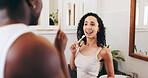 Couple, hygiene and singing in bathroom of home for morning routine, brushing teeth or honeymoon celebration. People, happy or dental care with karaoke, listening to music or getting ready with audio