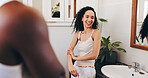 Laugh, woman and bathroom with couple for morning routine, preparation and talk with funny joke in home. Skincare, people and body cosmetics for moisturizer, beauty or hydration to start day together
