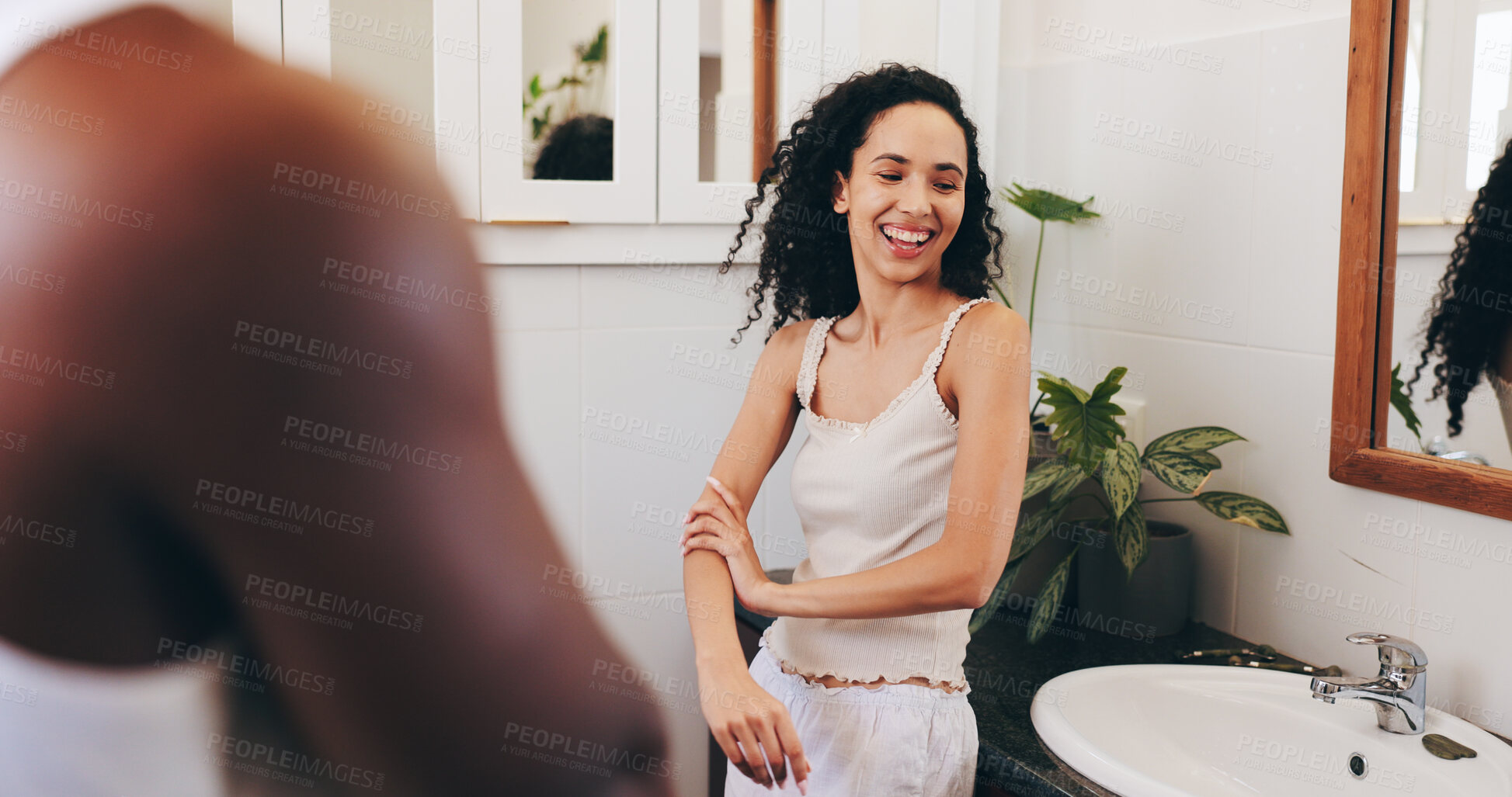 Buy stock photo Laugh, woman and bathroom with couple for morning routine, preparation and talk with funny joke in home. Skincare, people and body cosmetics for moisturizer, beauty or hydration to start day together