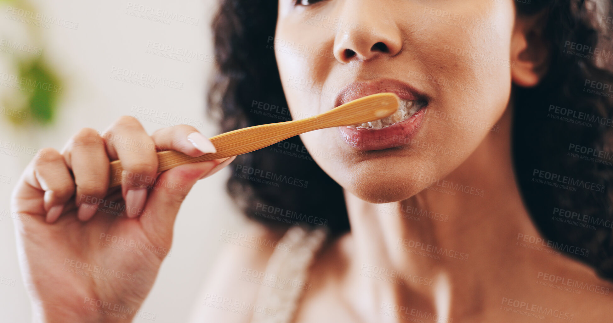 Buy stock photo Bathroom, brushing teeth and mouth of woman with toothbrush for dental care, hygiene and cleaning. Home, health and person with toothpaste for oral wellness, whitening or grooming for morning routine