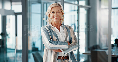 Buy stock photo Happy, crossed arms and portrait of mature businesswoman in office with corporate finance career. Face, pride and female financial account executive from London with confidence for company growth.