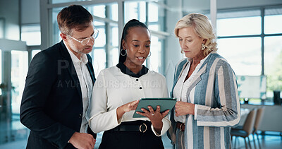 Buy stock photo Collaboration, meeting and tablet with business people in office together for discussion or project management. Diversity, feedback and talking with corporate employee group in workplace for planning