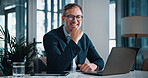 Businessman, portrait and smile with laptop in office for finance, proposal feedback and investment. Accountant, online and reading email with budget planning, review revenue and company bookkeeping