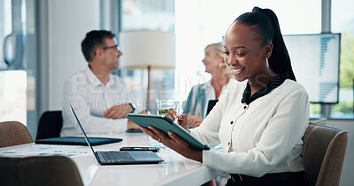 Buy stock photo Boardroom, smile and woman with tablet, browsing or happy for traffic on website or SEO manager. Office, digital marketing and person with app for keyword research, social media or analysis of trends