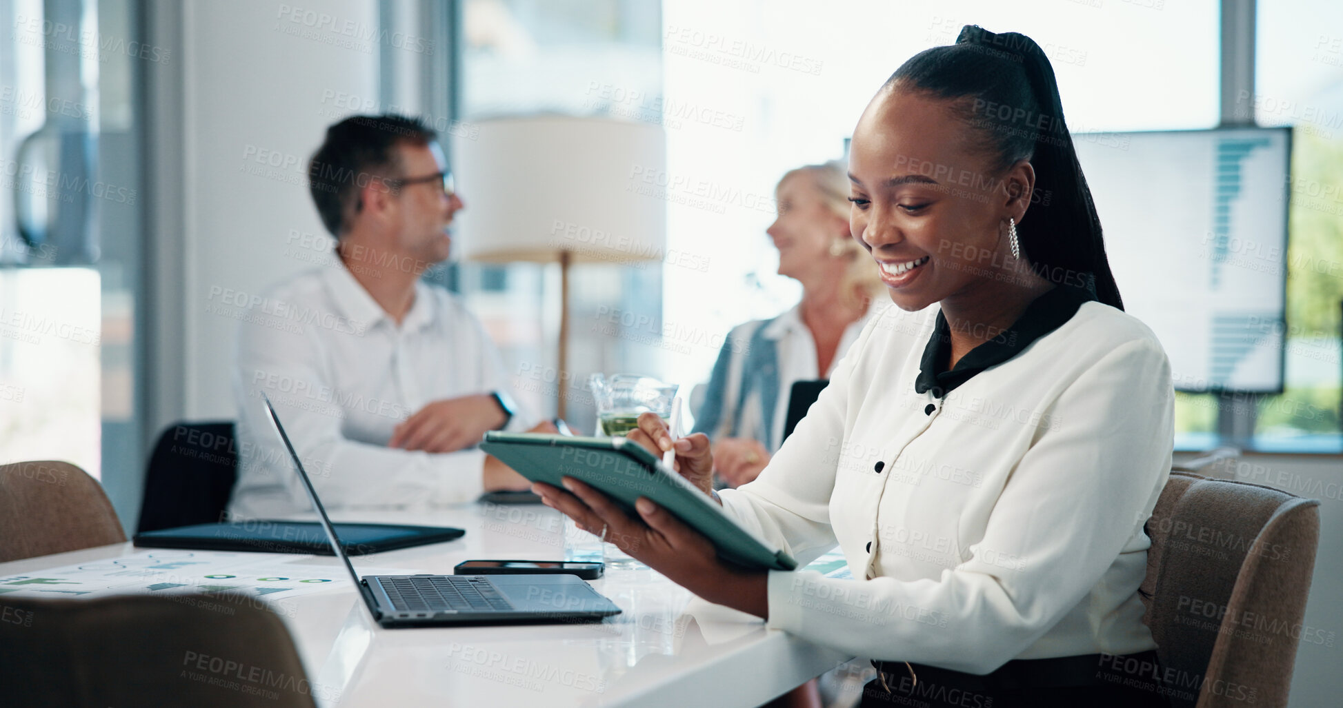 Buy stock photo Boardroom, smile and woman with tablet, browsing or happy for traffic on website or SEO manager. Office, digital marketing and person with app for keyword research, social media or analysis of trends