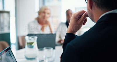 Buy stock photo Blur, meeting and investor with business people for discussion, manager or feedback. Collaboration, partnership or accountants with teamwork, growth strategy and digital project report for finance