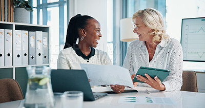 Buy stock photo Accountant, office and women with tablet, graphs and manager for feedback, training and smile. Documents, teamwork and people with laptop, growth strategy and digital project report for finance