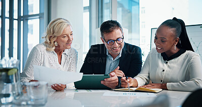 Buy stock photo Accounting, office and business people with notebook, analysis and manager for discussion, meeting and graphs. Papers, teamwork and talk with tablet, growth strategy or project report for finance