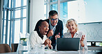 Business people, teamwork and celebration on laptop, excited or success with good news in office. Win, manager or cheers together on computer for financial growth, surprise or wow for investment goal