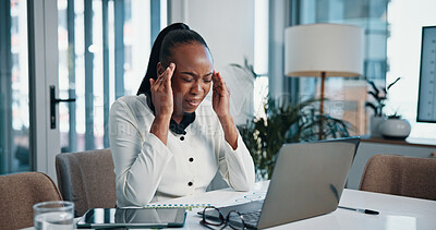 Buy stock photo Headache, stress and black woman in office, pain and overwhelmed with work, burnout and accountant. Migraine, overworked and person with tight deadline, mental health and frustration for tax returns