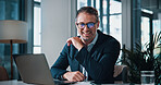 Business, man and portrait with laptop in office of finance report, proposal feedback and investment. Accountant, online and reading email with budget planning, review revenue and company bookkeeping