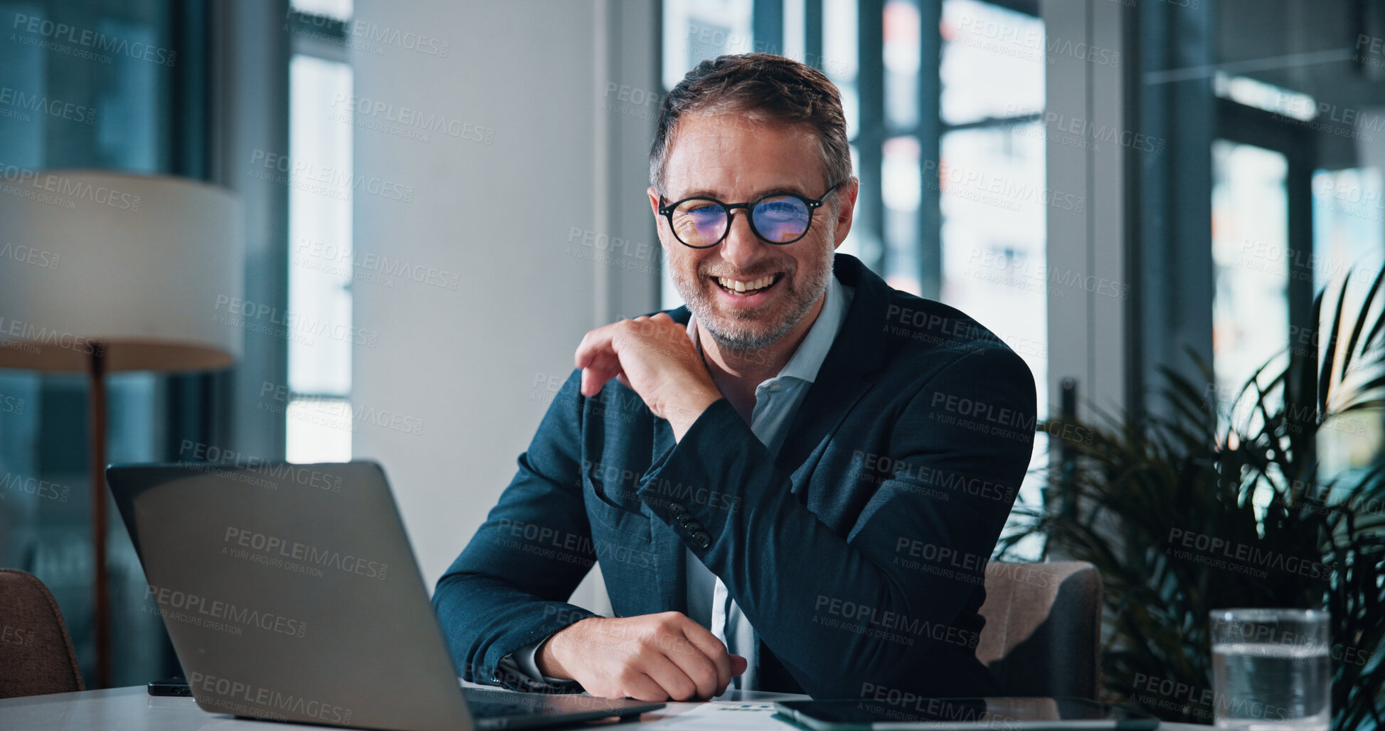 Buy stock photo Business, happy man and portrait with laptop in office of finance report, proposal feedback and investment. Accountant, online and email with budget planning, review revenue and company bookkeeping