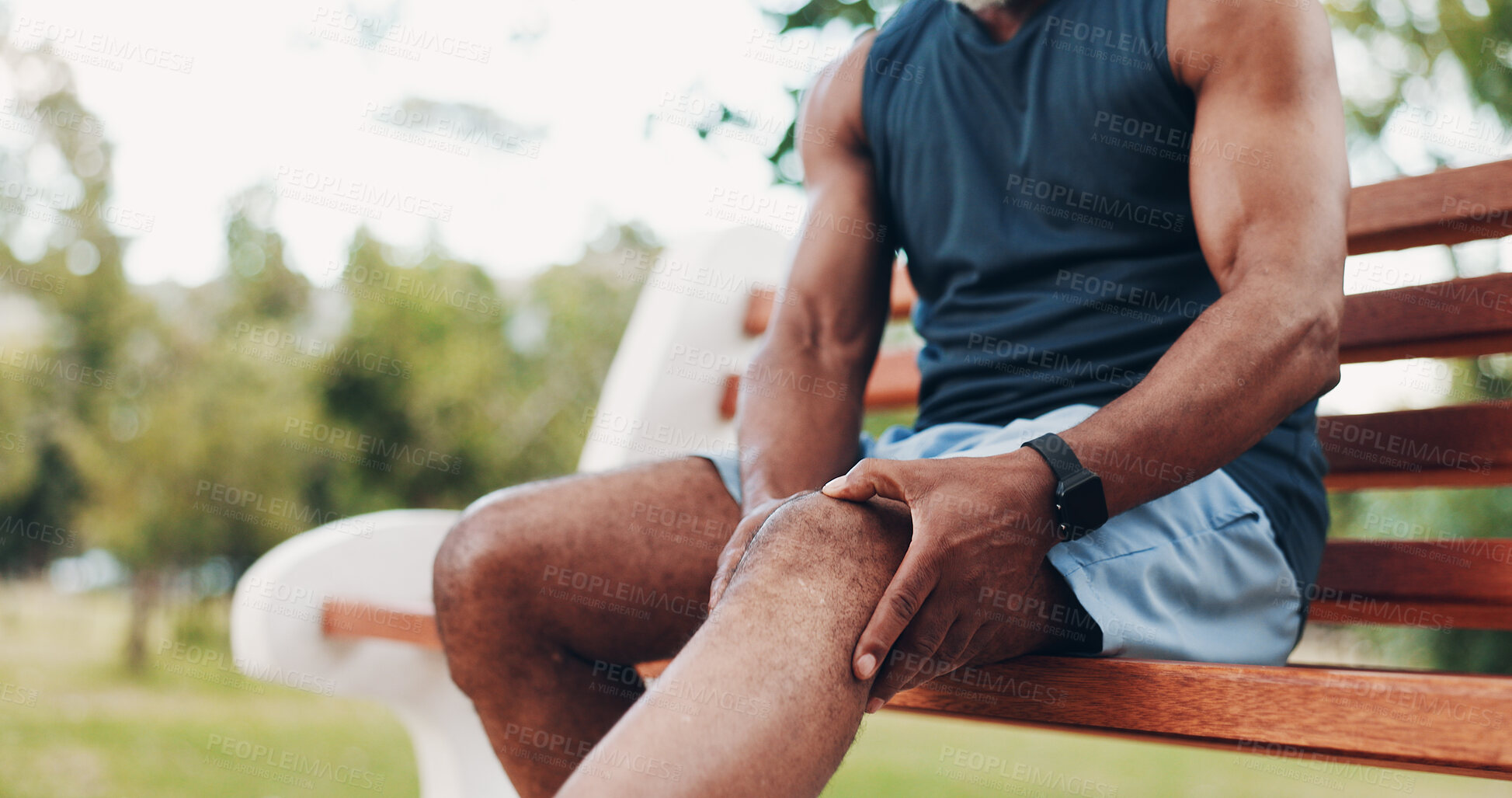 Buy stock photo Knee pain, fitness and hands of person man in park with injury, muscle strain and inflammation on bench. Nature, sports and athlete with accident for exercise, workout or training outdoors for health