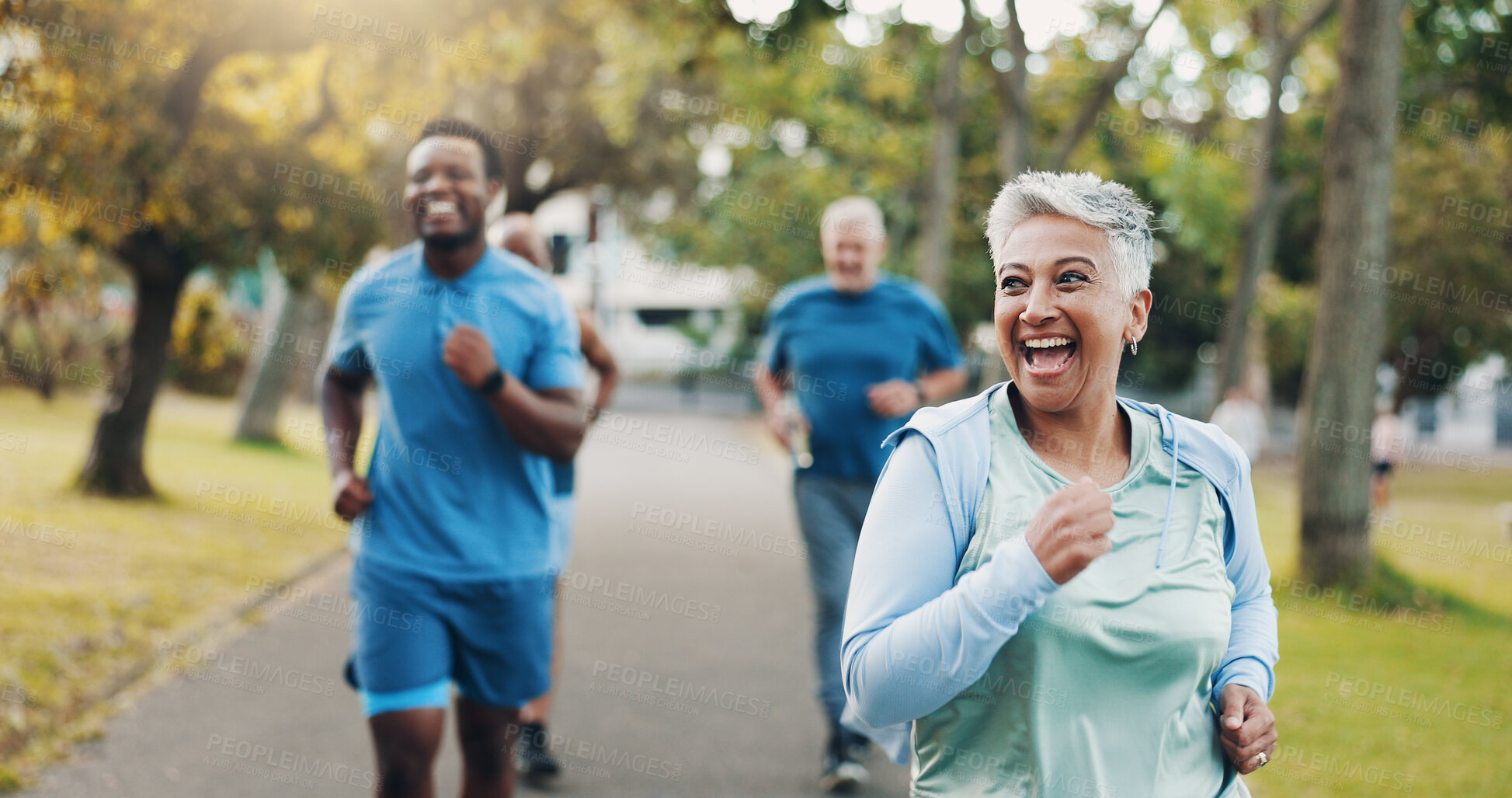 Buy stock photo Senior, woman and running for fitness outdoor of mobility training, exercise and morning routine. Elderly, people and coach with challenge, workout support and cardio performance for wellness at park