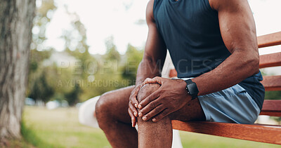 Buy stock photo Knee pain, fitness and hands of man in park with injury, muscle strain and joint inflammation on bench. Nature, sports and athlete with accident for exercise, workout and running outdoors for health