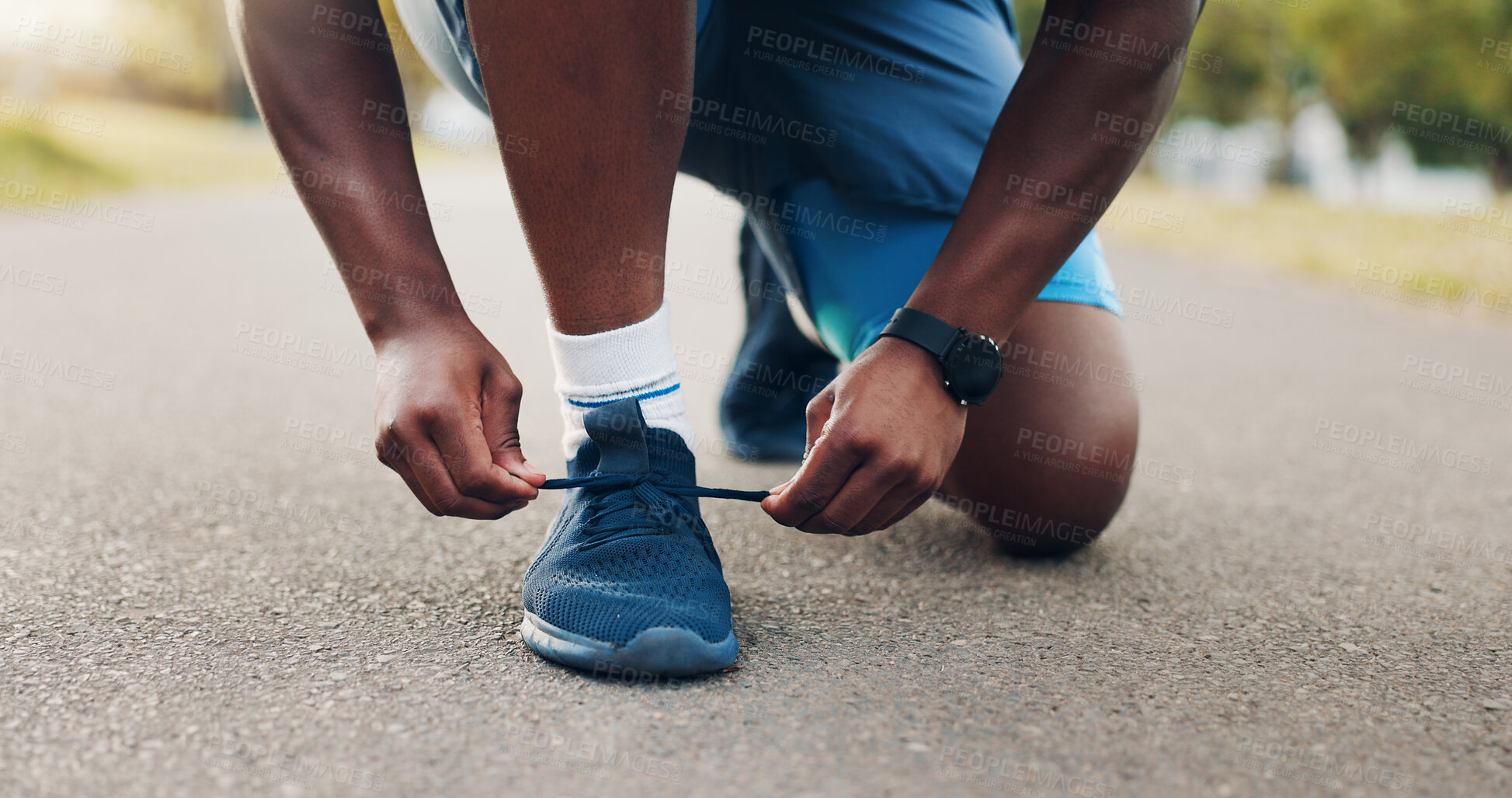 Buy stock photo Black person, hands or tying laces with shoes on street for fitness, run or workout preparation at outdoor park. Closeup, runner or athlete getting ready with sneaker tie for exercise, sprint or race