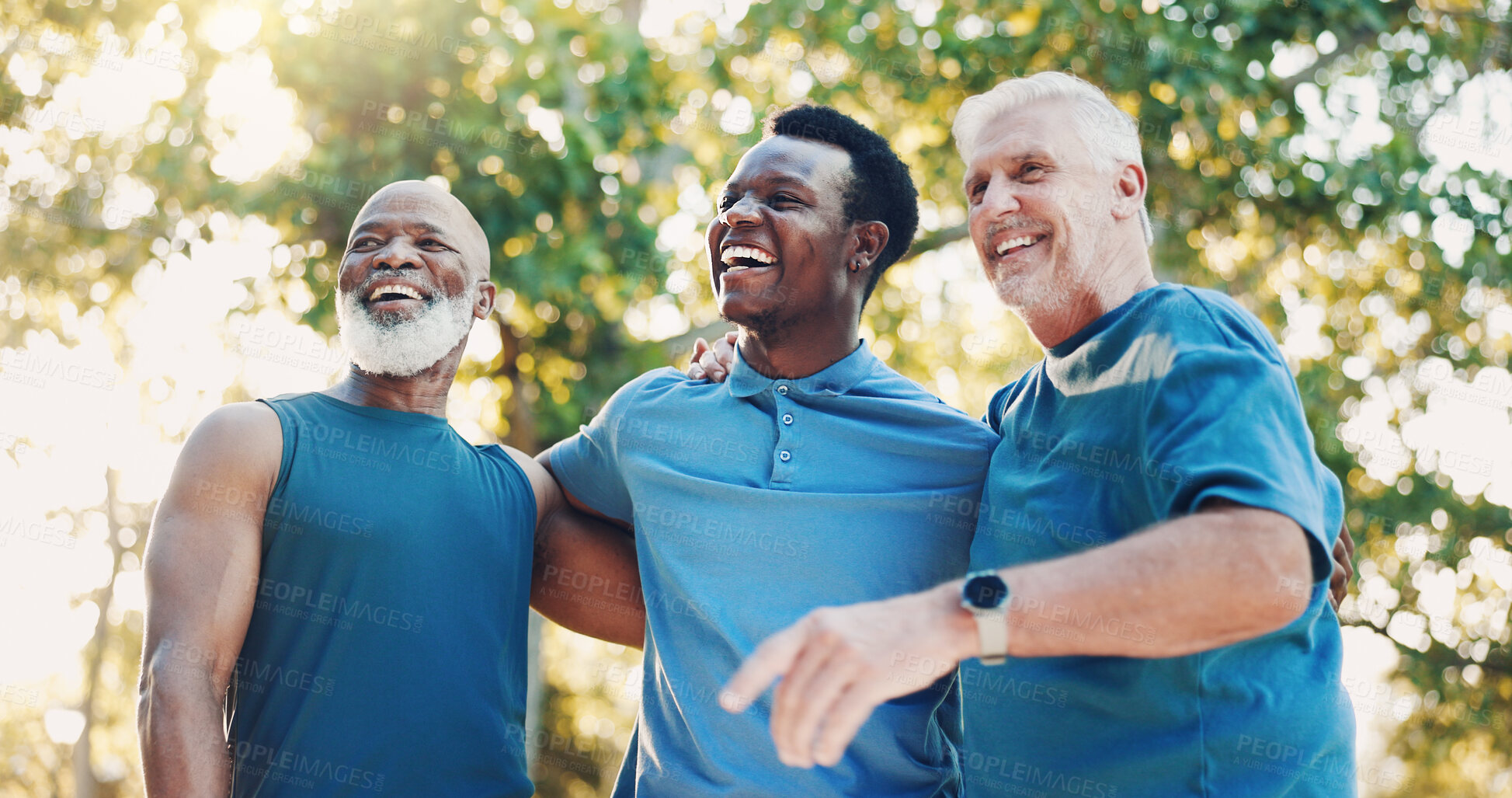 Buy stock photo Senior, men and laughing for fitness outdoor of mobility training, funny discussion and morning routine. Below, people and coach with embrace of conversation, exercise joke and cardio workout at park
