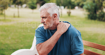 Buy stock photo Outdoor, shoulder pain and old man on bench, joint injury and hurt with mistake, muscle strain and wellness. Pensioner, exercise and senior guy in park, inflammation and tension with emergency