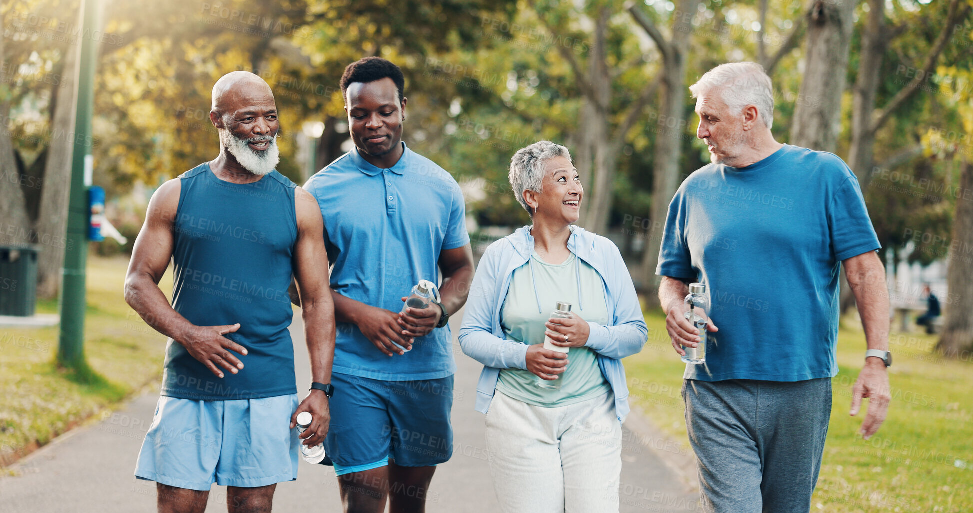 Buy stock photo People, talking and walking for fitness outdoor with mobility training, discussion and morning routine. Senior, community and coach of conversation, exercise and motivation for cardio workout at park